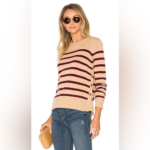 Autumn Cashmere Sweaters - Autumn Cashmere Striped 100% Cashmere Side Button Sweater Tan Burgundy - Small